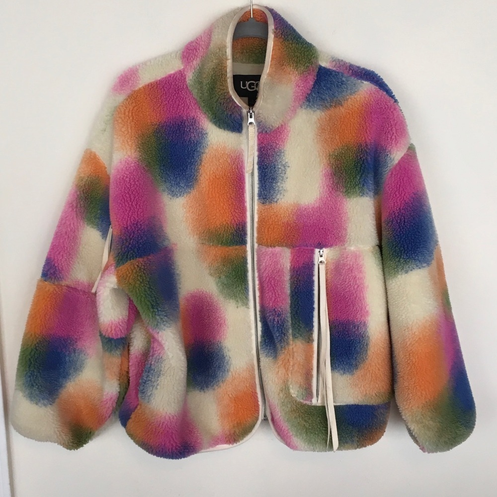 UGG Multicolor Sherpa Jacket in Pink, Blue, Orange, Green on Cream